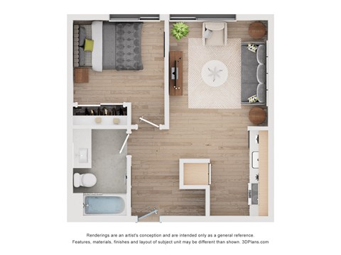Floor plan for 1 bed, 1 bath, 557 sqft